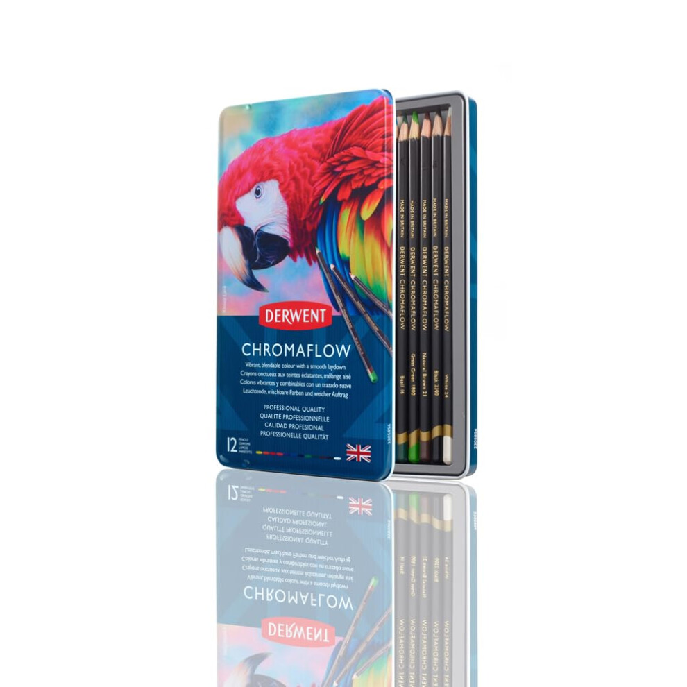 Derwent Chromaflow Pencils, Set Of 12 In Tin, 3.5Mm Round Core, Premium Core Strength, Blendable With Smooth Texture, Ideal For Drawing, Colouring &