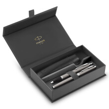 Parker IM Duo Pen Gift Set | Fountain Pen, Ballpoint Pen & Pen Pouch | Stainless Steel Finish with Chrome Trims | Medium Tip | Blue Ink Refills |