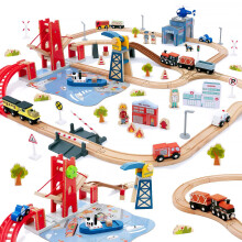 Giant bean 117 Pcs Busy Port City Train Set for Kids- Expandable & Changeable Wooden Train Tracks Set Toddler Toy, Gift for Boys and Girls Ages 3+