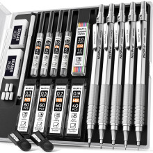 Nicpro Metal Mechanical Pencil Set, 5 PCS Art Drafting Pencils 0.3, 0.5, 0.7, 0.9 mm & 2mm Graphite Lead Holder For Sketching Drawing With 9 Tubes (4B