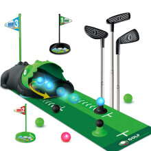 TERRAMUS Upgraded Kids Toy Golf Set with Dinosaur Automatic Golf Returner, Led Light Up Night Golf Balls, 3 Clubs, Putting Mat, 3-8 Toddler Mini Golf