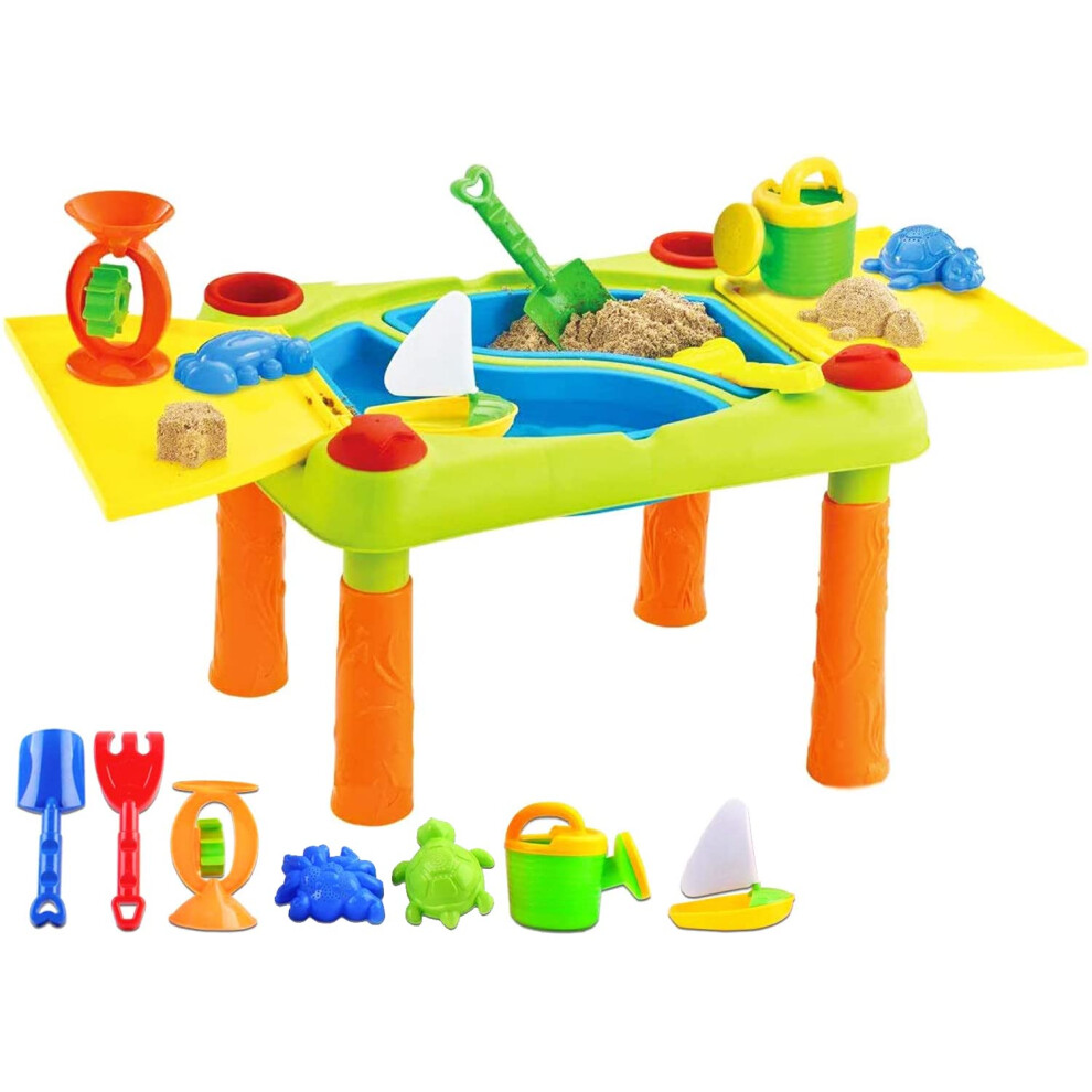Deao Toys Deao Sand And Water Outdoor Activities Play Table For Kids With Double Compartment, Lids And Over 10 Accessories, Multicolour, 100 X 48 X 46