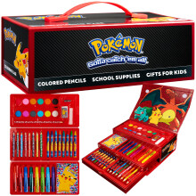 Pokemon Art Supplies Set with Colouring Pencils Felt Tip Pens Watercolour Paints Wax Crayons for Drawing Painting Set Pikachu Travel Art Set Anime