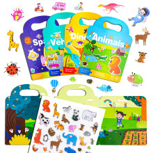 4 Pack Reusable Sticker Book - Childrens Books and Plane Activities for Kids - Toddler Books and Travel Activity Packs for Kids - Dinosaur Sticker