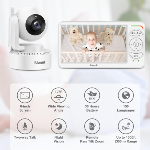Blemil BabyMonitor with Camera and Audio, 6'' IPS Screen Bab 1