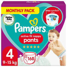 Pampers Baby Nappy Pants Size 4 (9-15kg), Active Fit, 168 Na