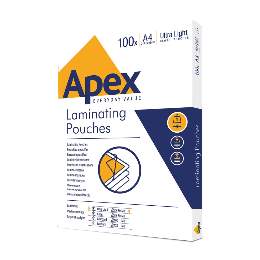 Fellowes Apex A4 Laminating Pouches, Glossy Finish, 100 Sheets