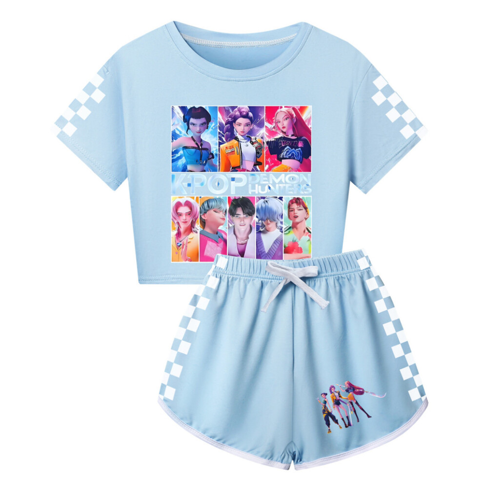 (Light Blue, 140cm) Hunters Demon Kpop Pattern Child Short Sleeved Shirt Shorts Suit Gift Clothing-image-OPC-PK66ZP9-NEW