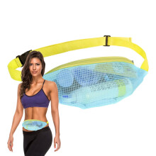 Mesh Beach Bag with Adjustable Belt, Large Capacity Shell Bag for Swimming, Travel, Picnic, Light Blue with Yellow Ribbon