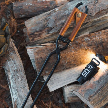 Camping Fire Poker with Extended Clamp, Leather Grip, Carbon Steel Construction for Picnics and Campfires