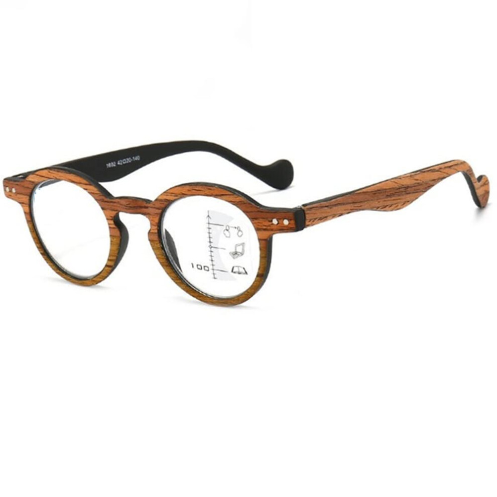 Brown Round Progressive Multifocal Computer Reading Glasses Wood Bifocal Retro Round Presbyopia +2.0 Diopter Size 1.5