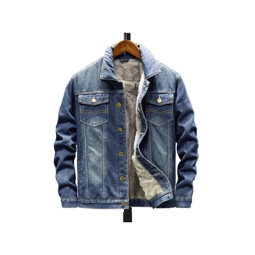 (Dark Blue, Asian XL = UK M) Denim Jacket Sherpa Fleece Lined Button Up Jean Coat Trucker Warm Winter Mens-image-OPC-PK69BNN-NEW