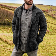 (Grey, UK 4XL=Tag 5XL) Men Casual Winter Warm Knitted Sweater Coat Long Sleeve Outwear Jacket Cardigan