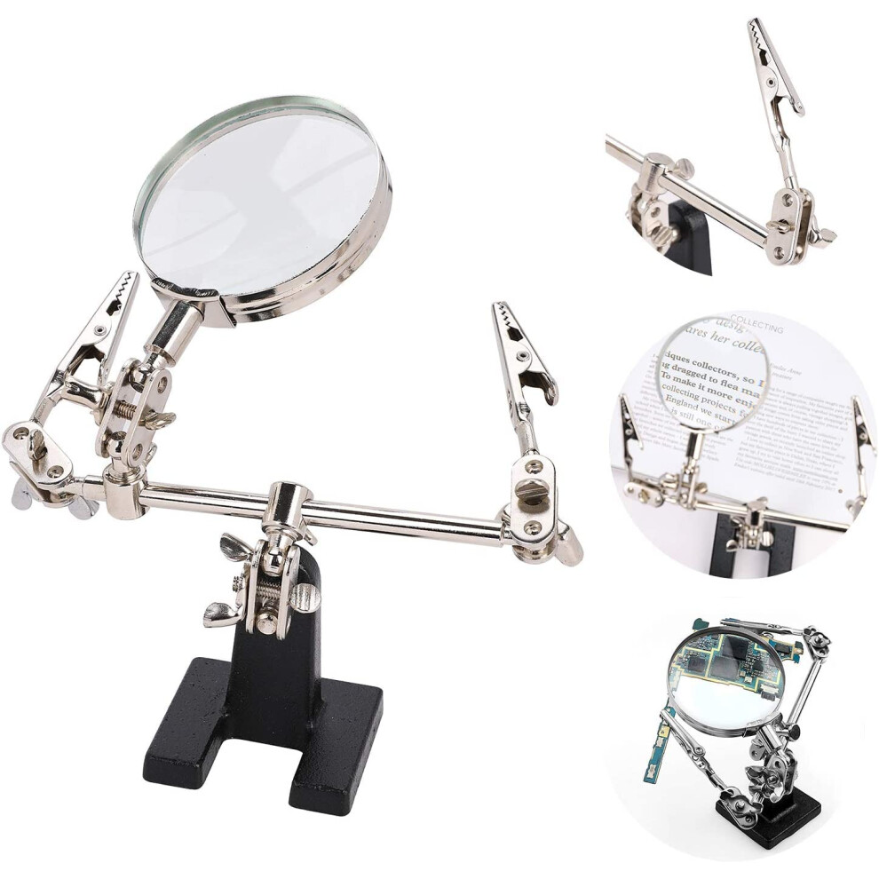 Silver Magnifying Glass 5X Reading Magnifier With Clamps And Mirror, Durable Soldering Stand For Electronics,