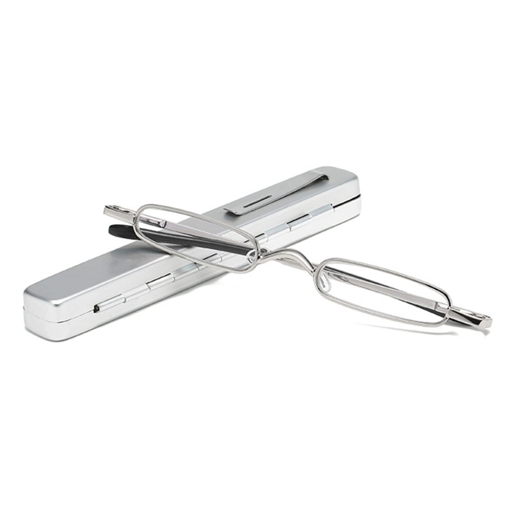 Silver Slim Metal Reading Glasses With Clip Case For Men And Women, Portable Spring Hinge Eyeglasses, 3.5X Magnification