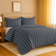 (Double, Charcoal) Stripe Duvet Cover 3pc-Hotel Quality Quilt Cover-Single, Double & King Size Bedding