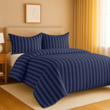 (King, Navy Blue) Stripe Duvet Cover 3pc-Hotel Quality Quilt Cover-Single, Double & King Size Bedding