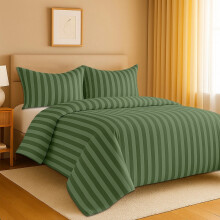 (Single, Olive Green) Stripe Duvet Cover 3pc-Hotel Quality Quilt Cover-Single, Double & King Size Bedding