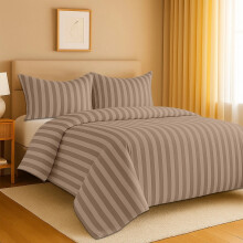 (Single, Beige) Stripe Duvet Cover 3pc-Hotel Quality Quilt Cover-Single, Double & King Size Bedding