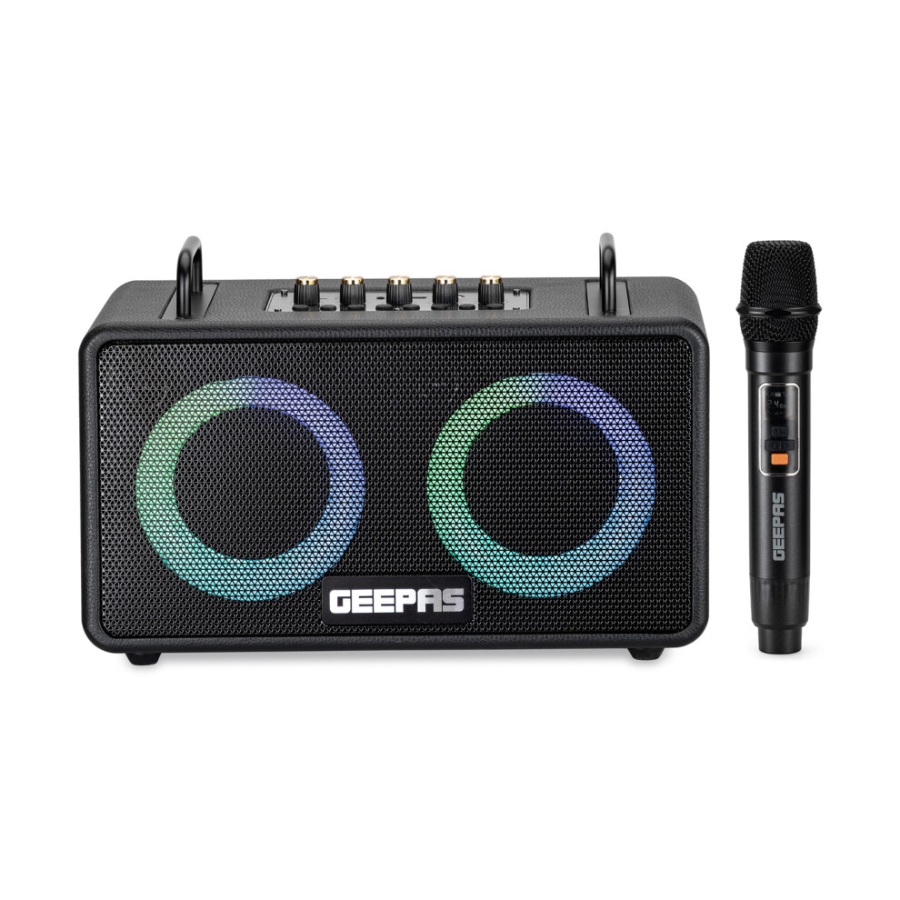 Geepas Karaoke Machine | Portable Bluetooth Speaker With Uhf Wireless Microphone | Strong Bass Rgb Lights Bt5.3 Usb/Tf/Aux/Fm/Tws