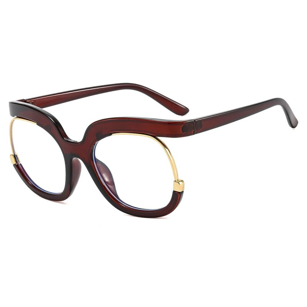 Blue Light Blocking Round Computer Reading Glasses, Anti-Glare Oversized Flat Lens, Tea Color, +150 Magnification