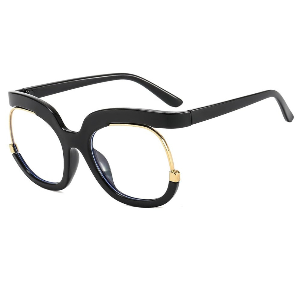 Blue Light Blocking Round Computer Reading Glasses, Oversized Flat Light Mirror, Anti-Eye Strain, Black, +150 Strength