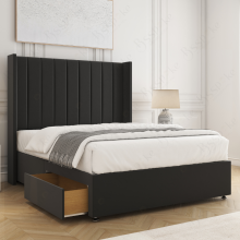 (Black, 4ft6" Double (with Mattress)) Hannah Divan Bed with 2 Storage Drawers, 54" Headboard Plush Velvet Upholstered Storage Double Bed Orthopedic Mattress