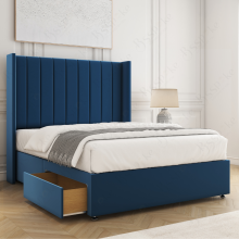 (Blue, 4ft Small Double (with Mattress)) Hannah Divan Bed with 2 Storage Drawers, 54" Headboard Plush Velvet Upholstered Storage Double Bed Orthopedic Mattress