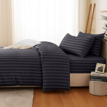 (King, Black) 4Pc Stripe Duvet cover with Pillow Cases & Fitted Sheet-Soft Microfiber Anti Wrinkle Quilt Cover