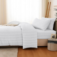 (King, White) 4Pc Stripe Duvet cover with Pillow Cases & Fitted Sheet-Soft Microfiber Anti Wrinkle Quilt Cover