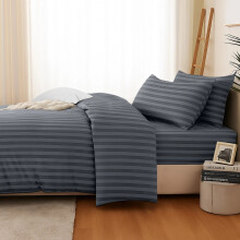 (King, Charcoal) 4Pc Stripe Duvet cover with Pillow Cases & Fitted Sheet-Soft Microfiber Anti Wrinkle Quilt Cover