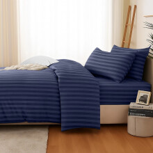 (Single, Navy) 4Pc Stripe Duvet cover with Pillow Cases & Fitted Sheet-Soft Microfiber Anti Wrinkle Quilt Cover