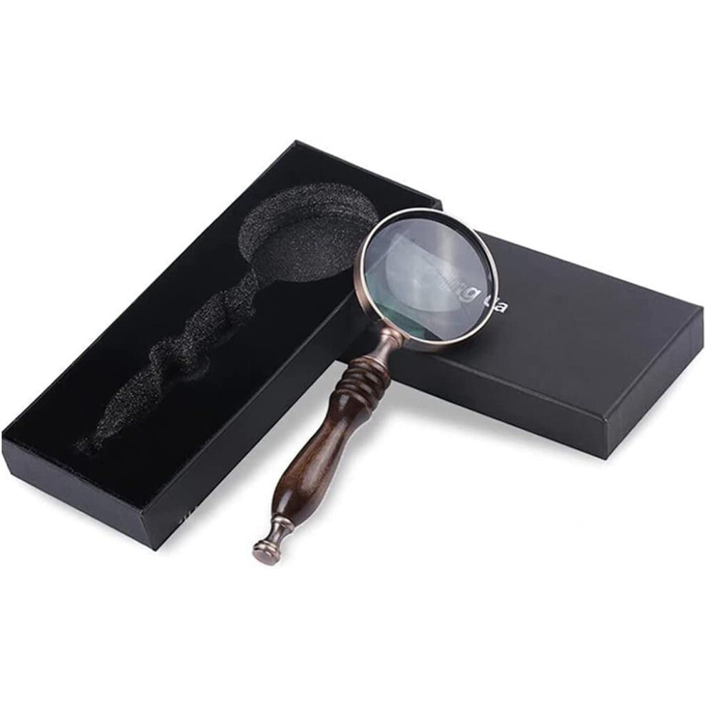 Magnifying Glass 10X Handheld Magnifier with Antique Wooden Handle and Gift Box for Reading, Coin Inspection, and Outdoor Use