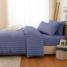 (Single, Washed Blue) 4Pc Stripe Duvet cover with Pillow Cases & Fitted Sheet-Soft Microfiber Anti Wrinkle Quilt Cover