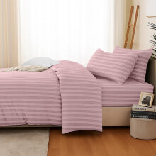(Super King, Peach) 4Pc Stripe Duvet cover with Pillow Cases & Fitted Sheet-Soft Microfiber Anti Wrinkle Quilt Cover