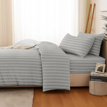 (Double, Silver) 4Pc Stripe Duvet cover with Pillow Cases & Fitted Sheet-Soft Microfiber Anti Wrinkle Quilt Cover