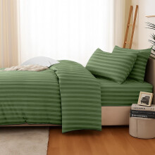 (Super King, Olive Green) 4Pc Stripe Duvet cover with Pillow Cases & Fitted Sheet-Soft Microfiber Anti Wrinkle Quilt Cover
