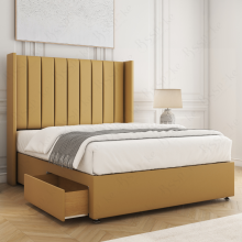 (Mustard, 6ft Super King (with Mattress)) Hannah Divan Bed with 2 Storage Drawers, 54" Headboard Plush Velvet Upholstered Storage Double Bed Orthopedic Mattress