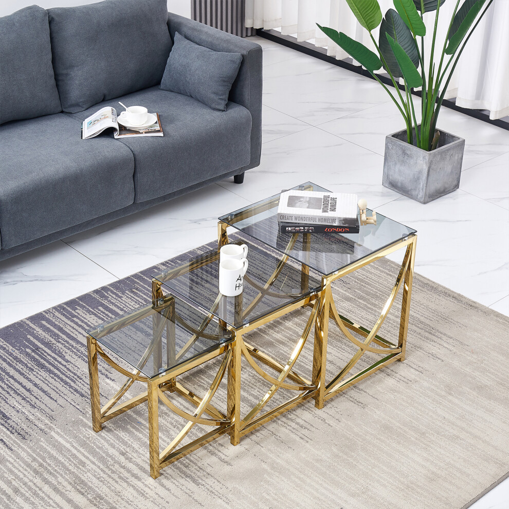 Ainpecca (Gold ) 3Pcs Nesting Table Sets Glass End Table Black,Gold,Multicoloured