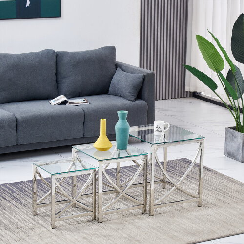 AINPECCA (Silver Clear) 3Pcs Nesting Table Sets Glass End Table 2