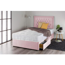 (4ft6, 2 Drawers) Pink Plush Divan Bed Set with 1000 pocket Sprung Mattress and Matching Nina Diamante Headboard