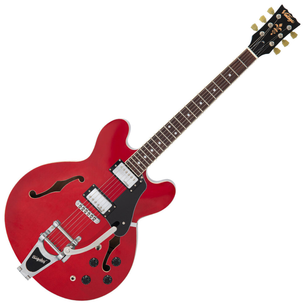 Vintage VSA500B ReIssued Semi Acoustic Guitar w/Bigsby ~ Cherry Red-image-OPC-PK6BCMP-NEW