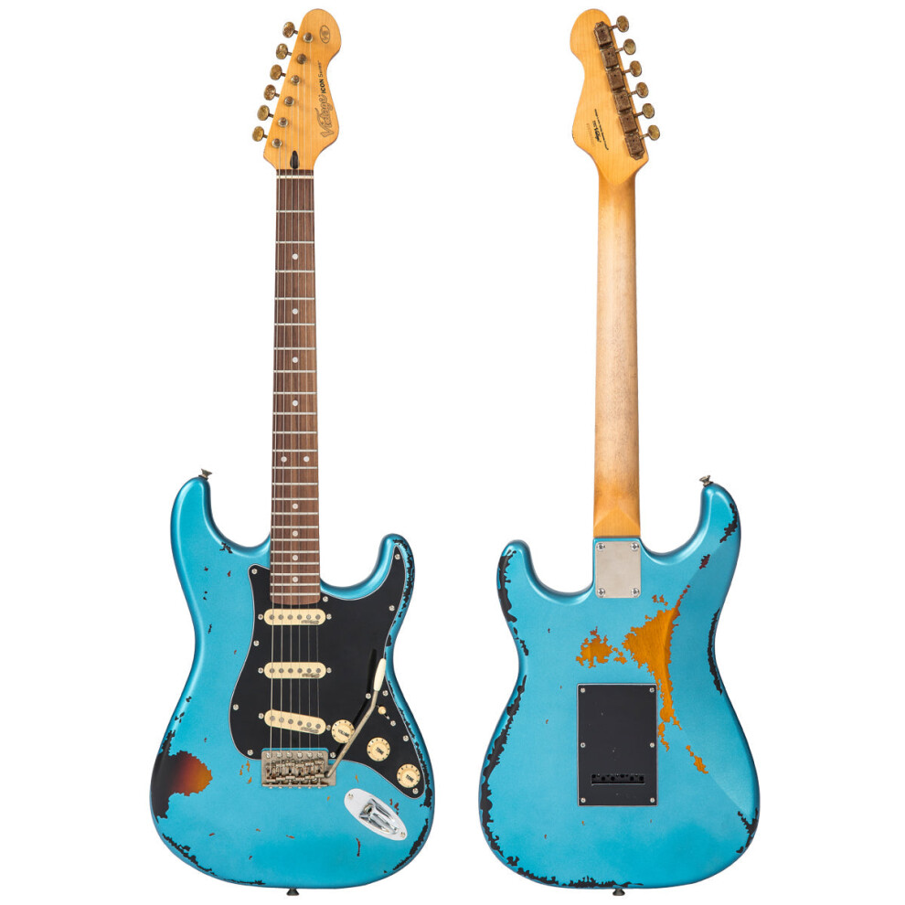 Vintage V6 ICON Electric Guitar ~ Distressed Gun Hill Blue Over Sunburst-image-OPC-PK6BCN7-NEW