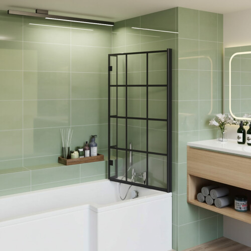 NES Home Nes Home Reversible 1400 x 830mm Tempered Glass Grid Bath Screen Matte Black 1