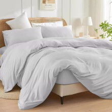 (Single, Silver) 4pc Plain Duvet Cover Set with Fitted Sheet & Pillowcovers - Soft Microfiber Quilt Bedding Set for Winter Warm Comfort