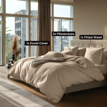 (Super King, Beige) 4pc Plain Duvet Cover Set with Fitted Sheet & Pillowcovers - Soft Microfiber Quilt Bedding Set for Winter Warm Comfort