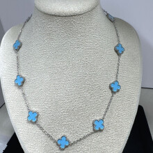 (13MM steel color light blue) 13MM silver four-leaf clover ten-flower necklace collarbone chain, light luxury and fashionable collar, suitable for both men and women