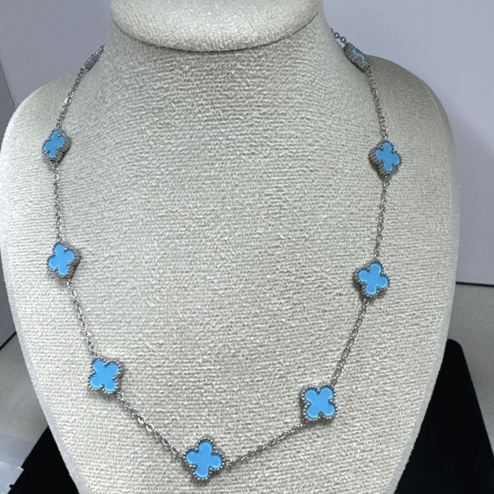 (13Mm Steel Color Light Blue) 13Mm Silver Four-Leaf Clover Ten-Flower Necklace Collarbone Chain, Light Luxury And Fashionable Collar, Suitable For Bot Blue,Silver