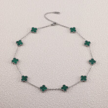 (13MM steel green) 13MM silver four-leaf clover ten-flower necklace collarbone chain, light luxury and fashionable collar, suitable for both men and women