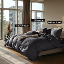 (Double, Charcoal) 4pc Plain Duvet Cover Set with Fitted Sheet & Pillowcovers - Soft Microfiber Quilt Bedding Set for Winter Warm Comfort